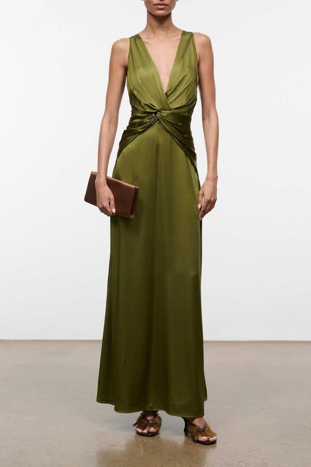 Olive green silk maxi dress with twist V-neck and knot waist