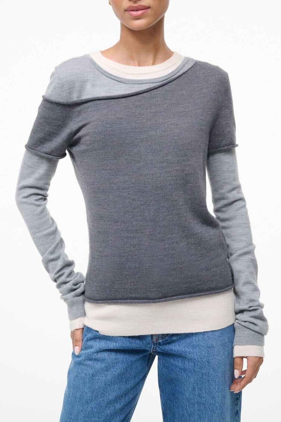 Heather grey multi long-sleeve crewneck pullover top with contrast ribbed cuffs