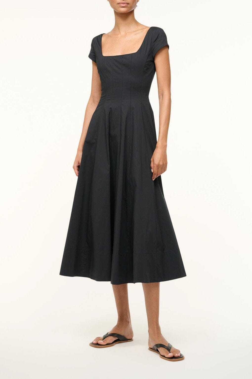 Black short-sleeve fit-and-flare dress with square neckline and midi skirt