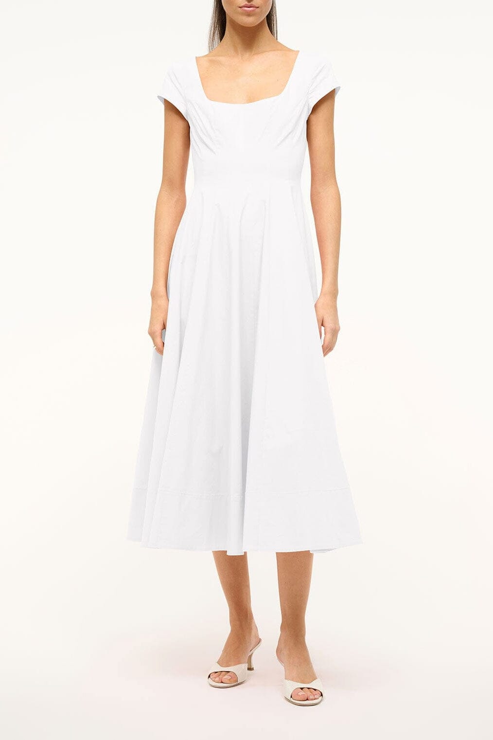 White short-sleeve midi dress with square neckline and gathered waist, A-line skirt