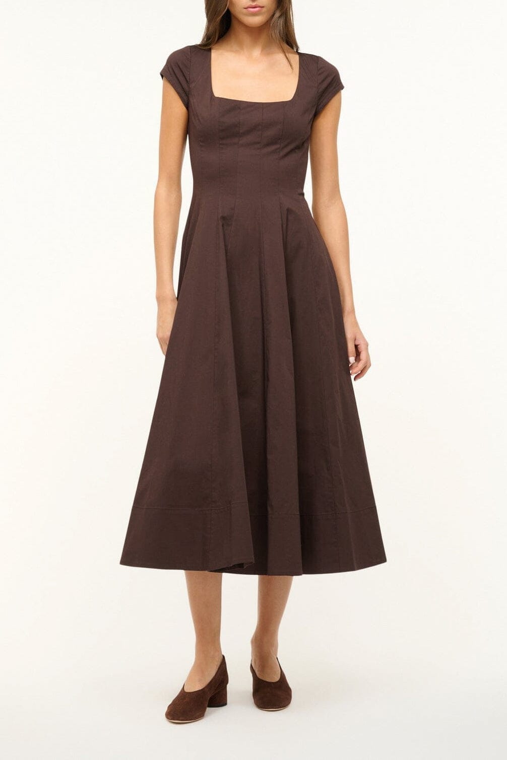 Brown short sleeve dress with square neckline, fitted bodice, and flared midi skirt