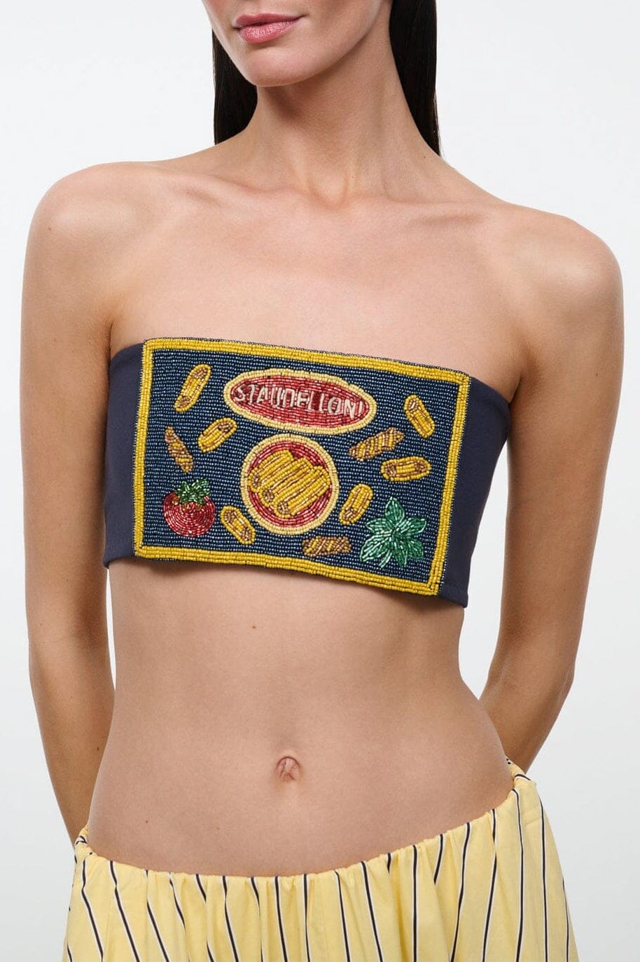 TOMMY tube top by STAUDELLONI, dark navy strapless with colorful embroidered patch