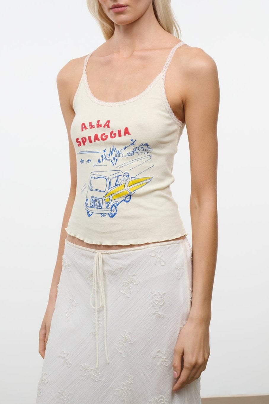 VATOLLA spaghetti-strap top with front beach graphic print, light beige