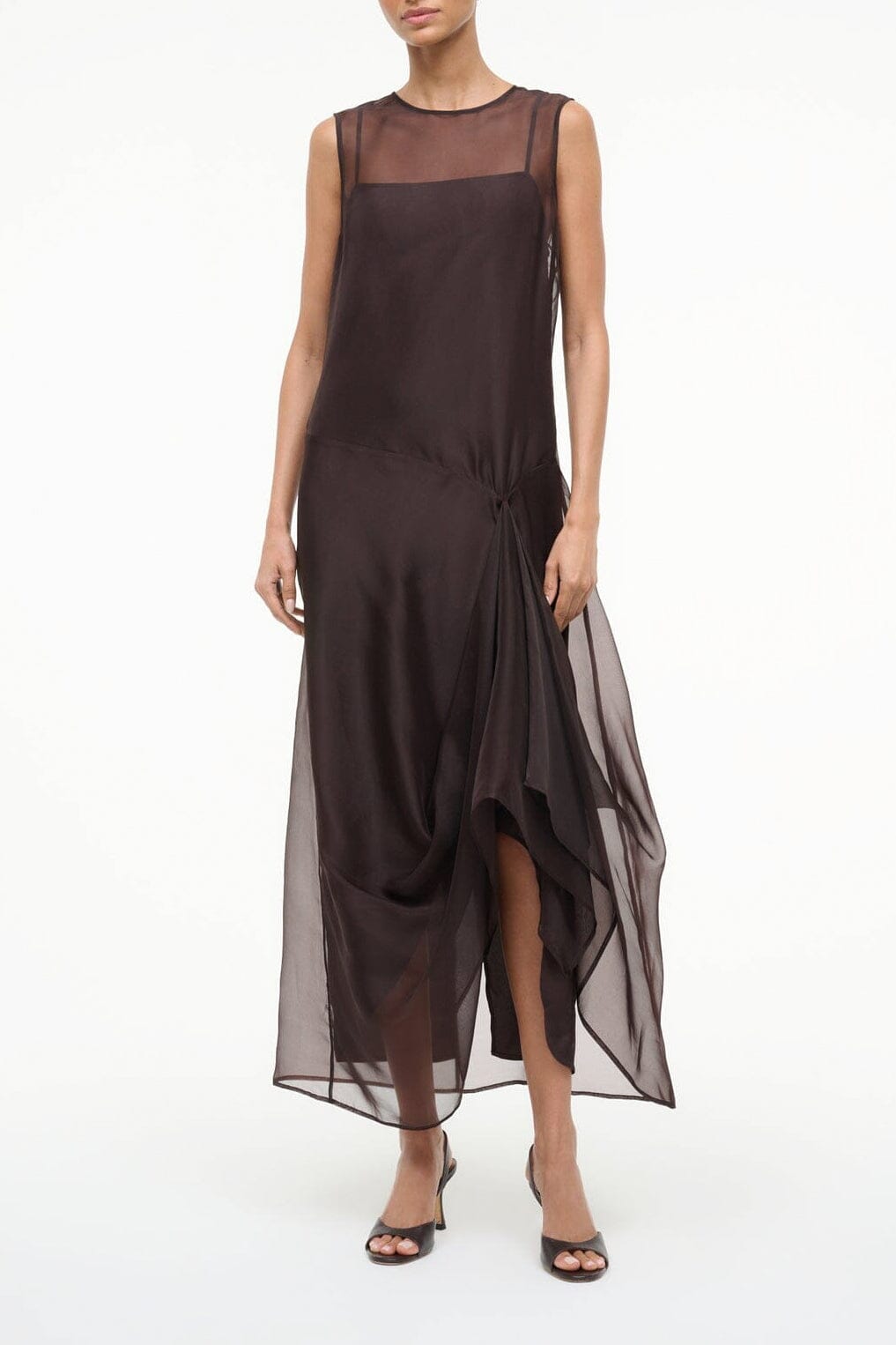 Earth brown sleeveless sheer overlay dress with draped hem and front slit