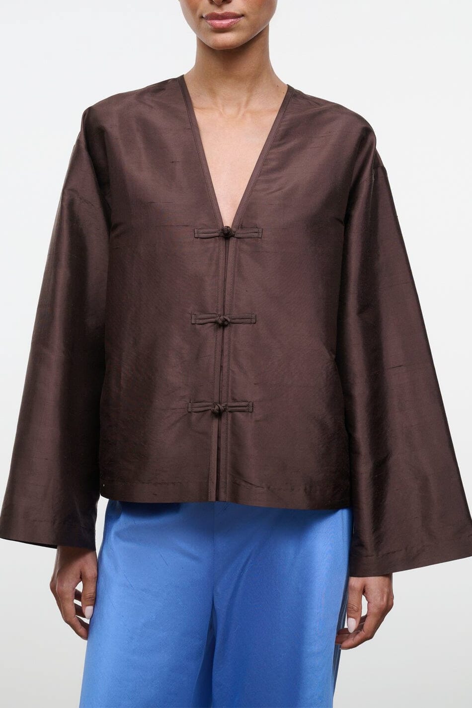 Silk dupioni V-neck top, dark brown, long sleeves, button front closure