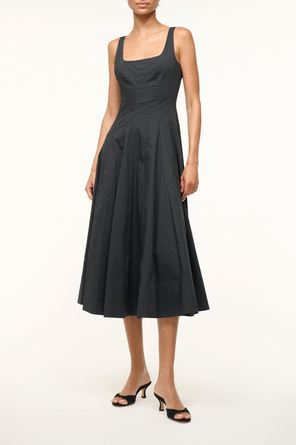Black sleeveless fit-and-flare midi dress with gathered skirt
