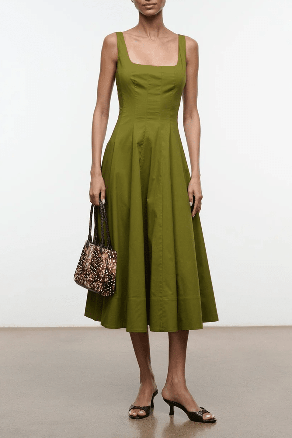 Olive green fit-and-flare midi dress, square neckline, sleeveless bodice