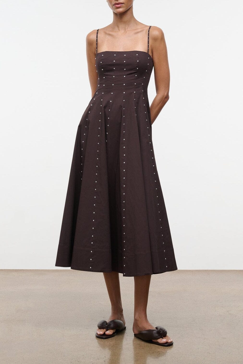 Wylie dress, dark brown sleeveless midi with studded embellishments and fitted bodice