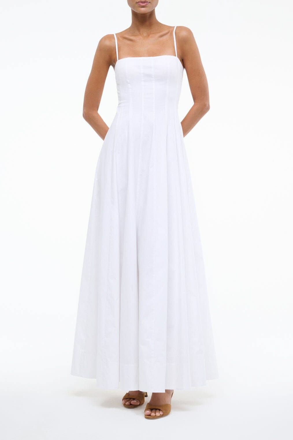 White maxi dress with spaghetti straps and square neckline