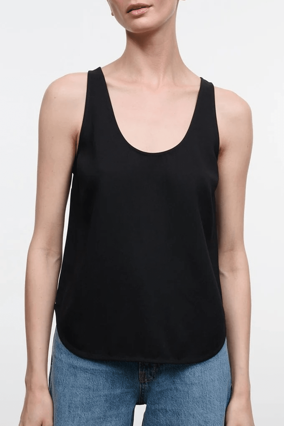 Women's black scoop-neck tank top, sleeveless with relaxed fit